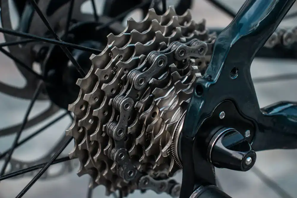 Mechanic inspecting a bicycle cassette and derailleur