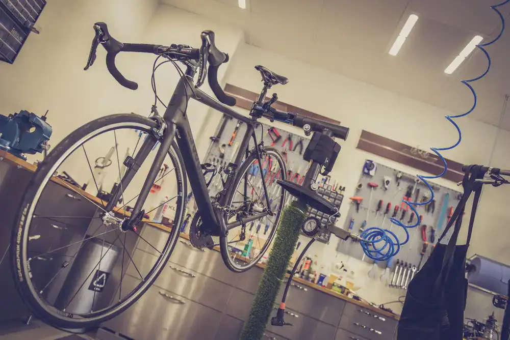 A clean, organized bike repair station with tools neatly arranged